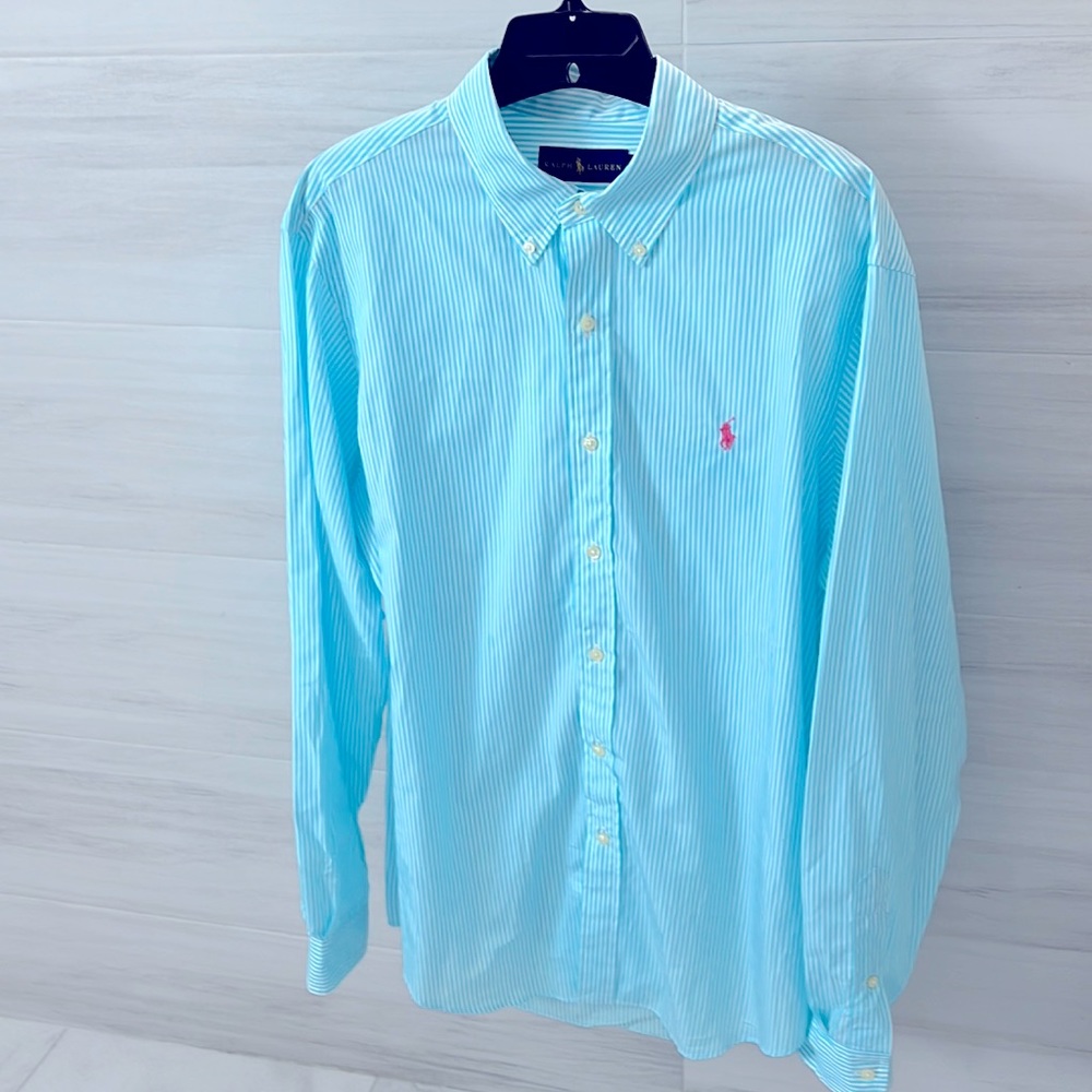 Mens RALPH LAUREN Long Sleeve Button Down Blue/White Stripe Size LARGE
